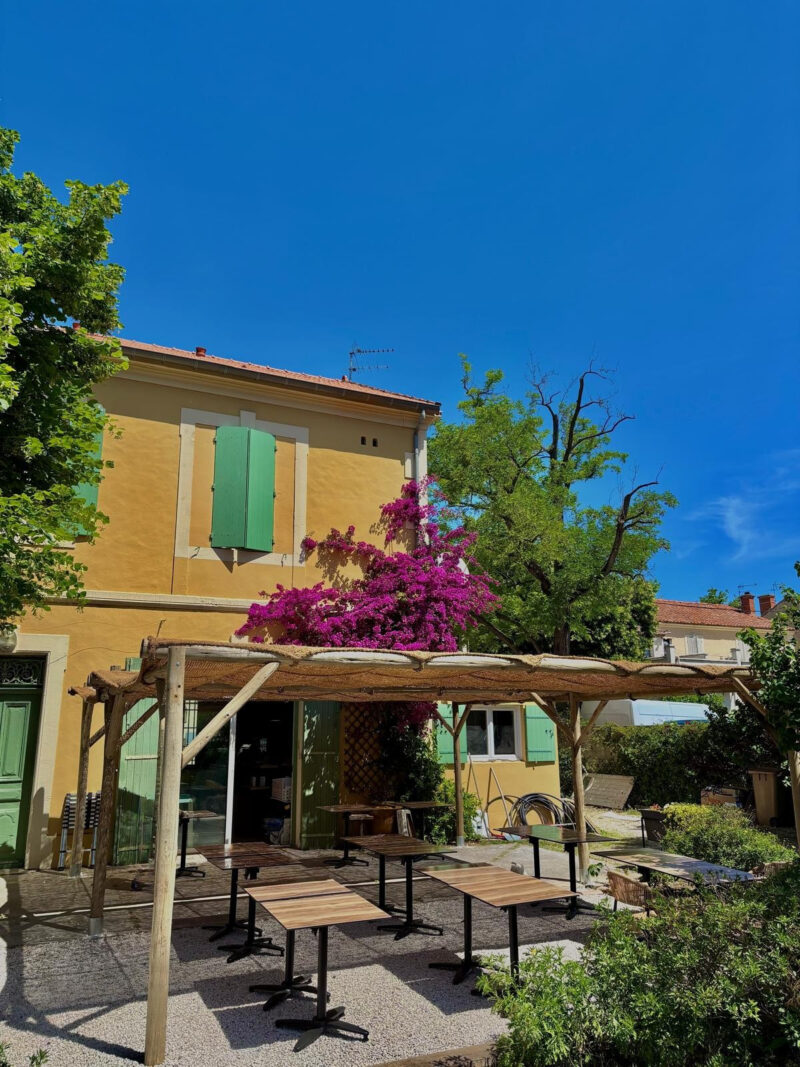 Vue extérieure d'une pergola en bois avec toiture végétale en coco tressée