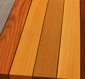 Lames de terrasse en bois exotique (Accoya gris, Muiracatiara, Garapa, Itauba, Accoya naturel, Ipé, Padouk) présentées côte à côte en plan rapproché.