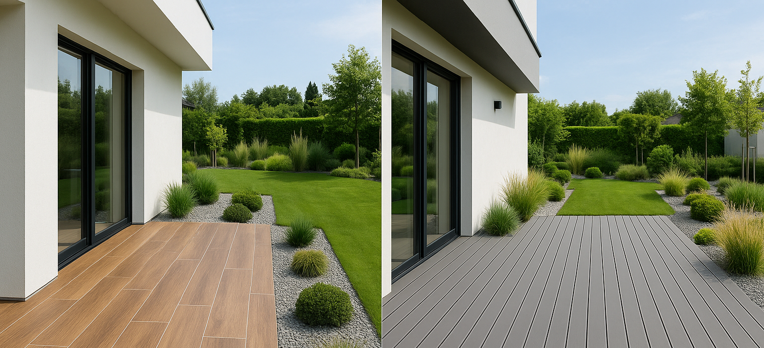Comparatif terrasse grès céramique imitation bois versus composite - Guide choix matériaux Occia aménagement extérieur