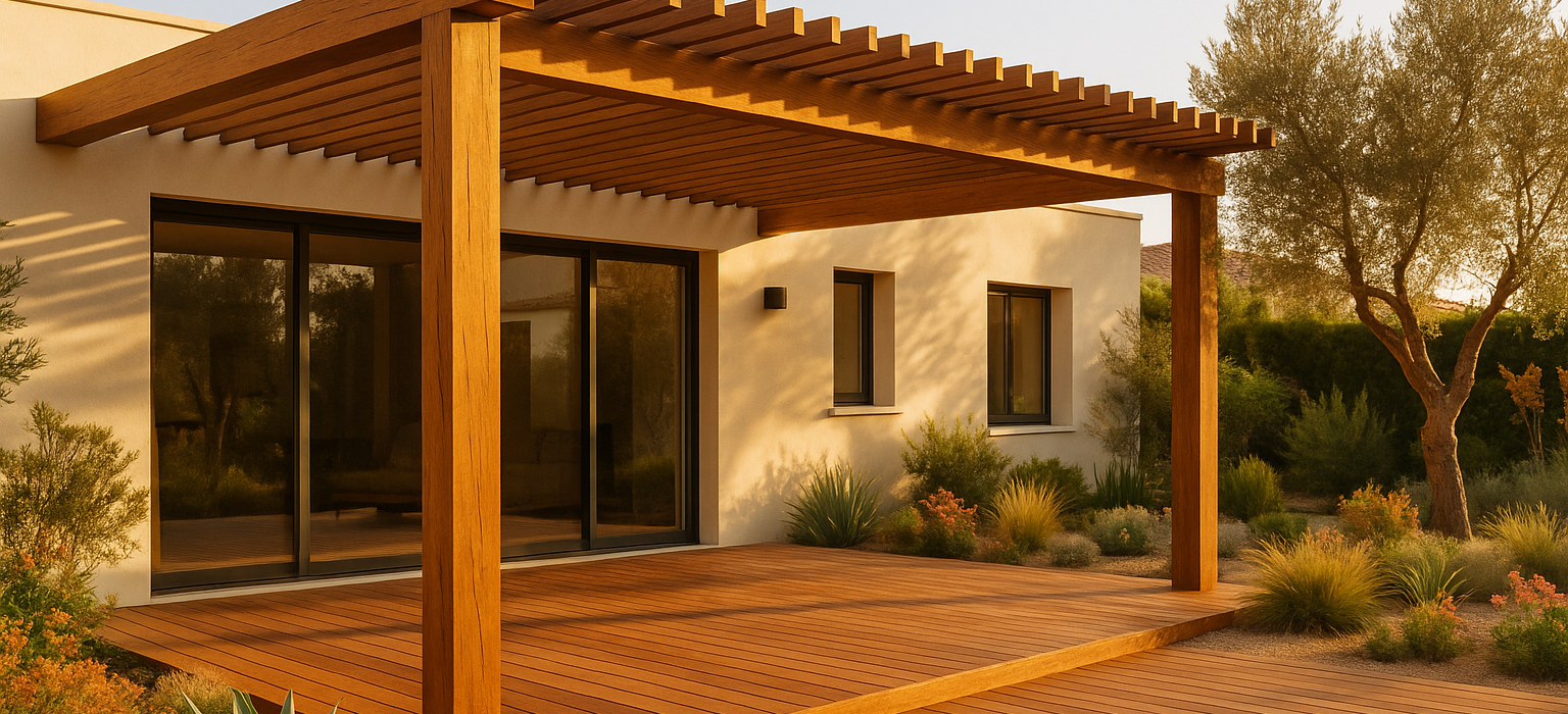 Terrasse en bois exotique avec pergola eucalyptus dans jardin paysagé méditerranéen - Occia spécialiste aménagement extérieur