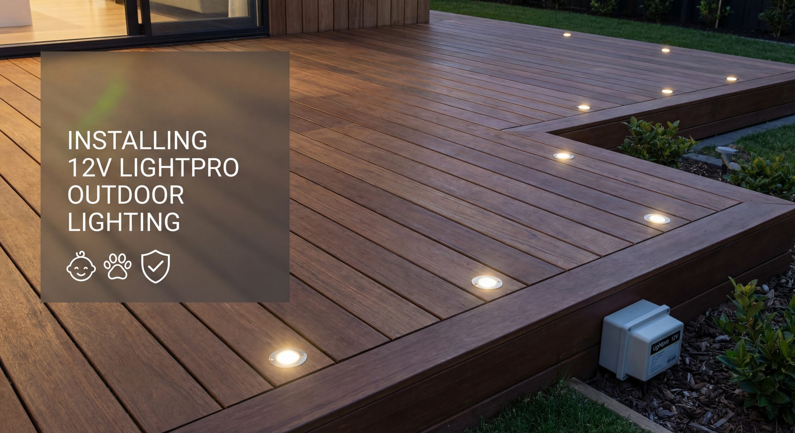 Éclairage extérieur 12V Lightpro installé sur terrasse en bois avec spots LED encastrés sécurisés pour enfants et animaux