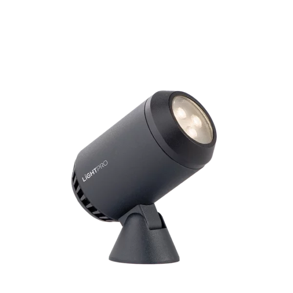 Spot LED orientable 12V Castor 3 aluminium anthracite sur piquet vue produit détaillée