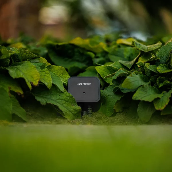Switch Smart WiFi Lightpro installé dans jardin avec végétation verte contexte réel usage extérieur