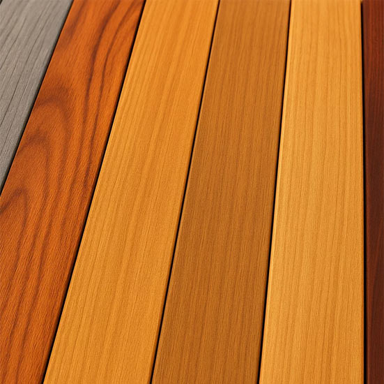 Lames de terrasse en bois exotique (Accoya gris, Muiracatiara, Garapa, Itauba, Accoya naturel, Ipé, Padouk) présentées côte à côte en plan rapproché.