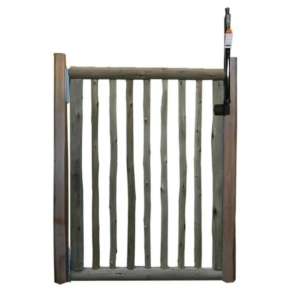 Portillon de piscine en eucalyptus naturel avec rondins écorcés conforme norme NFP-90-306, hauteur 120cm largeur 100cm, quincaillerie inox et poteaux inclus