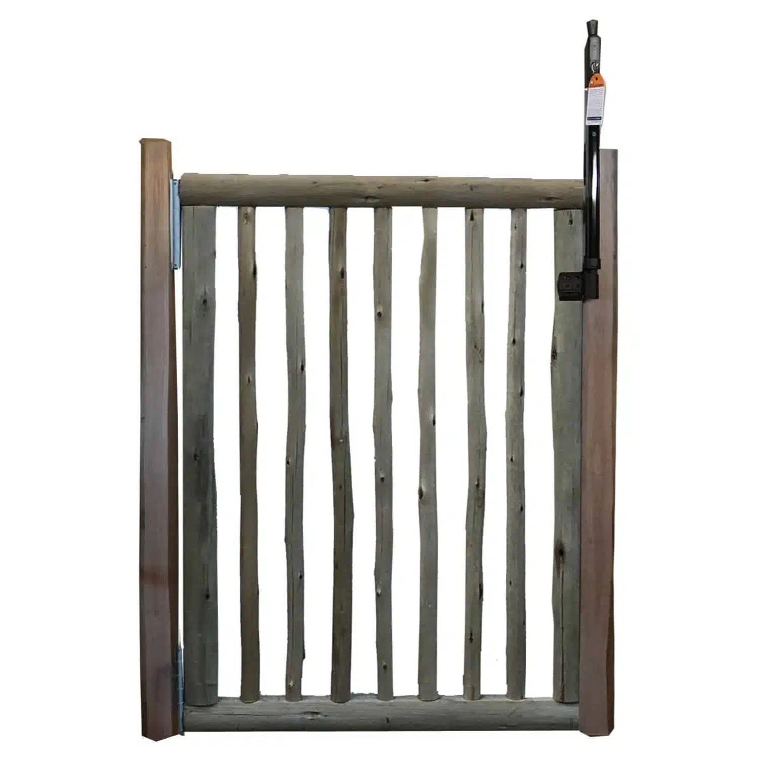 Portillon de piscine en eucalyptus naturel avec rondins écorcés conforme norme NFP-90-306, hauteur 120cm largeur 100cm, quincaillerie inox et poteaux inclus